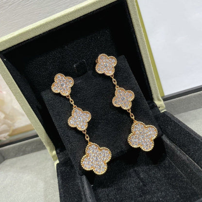 [AuraEcho]CLOVER 3 MOTIFS DIAMOND PAVED ROSE GOLD EARRINGS