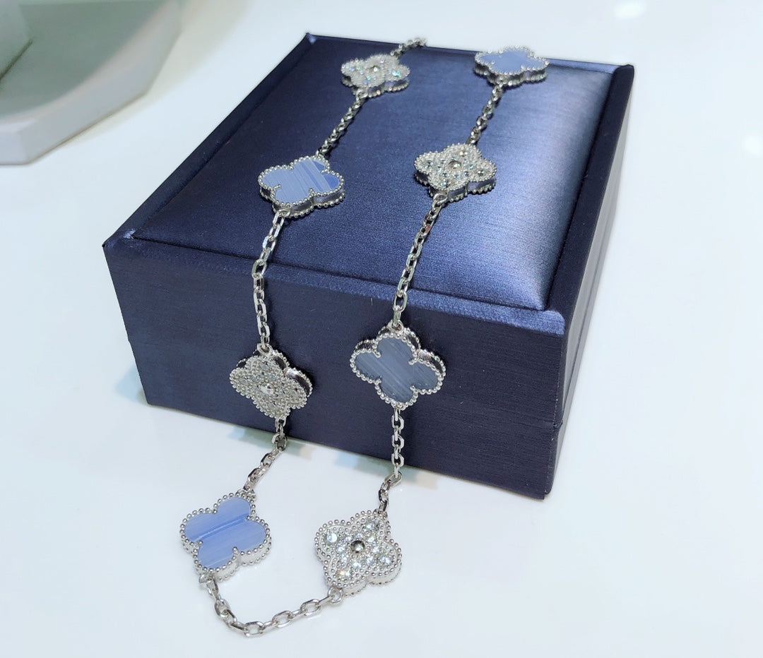 [AuraEcho]CLOVER 10 MOTIFS CHALCEDONY DIAMONDS SILVER NECKLACE